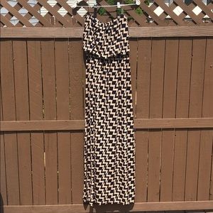 Blue and Taupe Zig-Zagged Strapless Maxi Dress